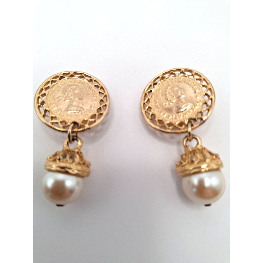 Vintage Gay Boyer Queen Elizabeth II coin medallion faux pearl earrings clip ons